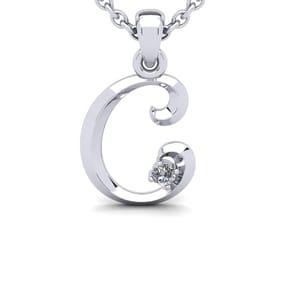 A silver necklace pendant in the shape of the letter \“C,\“ embellished with a small diamond.