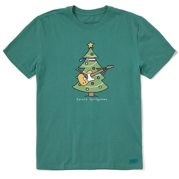 Green short-sleeve tee featuring a cartoon Christmas tree with a guitar, labeled \“Spruce Springsteen.\“