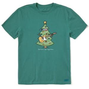 Green short-sleeve tee featuring a cartoon Christmas tree with a guitar, labeled \“Spruce Springsteen.\“