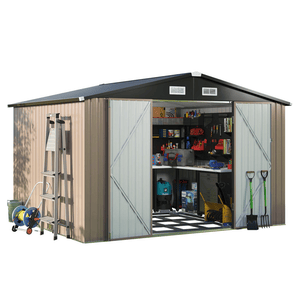 A metal garden shed with tools, a ladder, and garden equipment stored inside.
