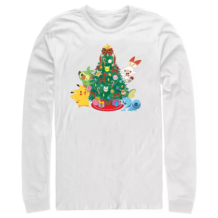 White long-sleeve shirt featuring a festive Christmas tree surrounded by Pokémon characters like Pikachu, Grookey, Scorbunny, and Sobble, with colorful decorations and gifts.