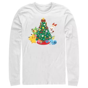 White long-sleeve shirt featuring a festive Christmas tree surrounded by Pokémon characters like Pikachu, Grookey, Scorbunny, and Sobble, with colorful decorations and gifts.