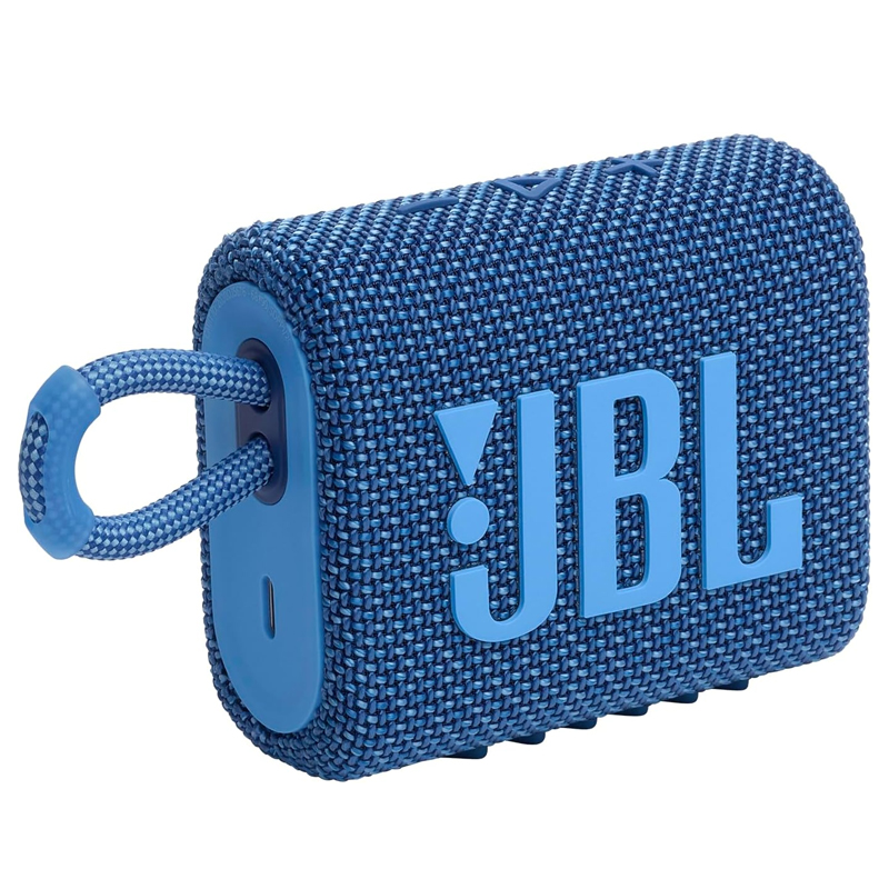A blue JBL Go 3 portable speaker with a fabric cover, featuring the JBL logo in large lettering and a loop for easy carrying.