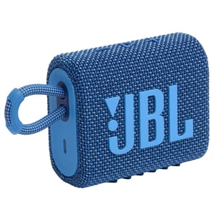 A blue JBL Go 3 portable speaker with a fabric cover, featuring the JBL logo in large lettering and a loop for easy carrying.