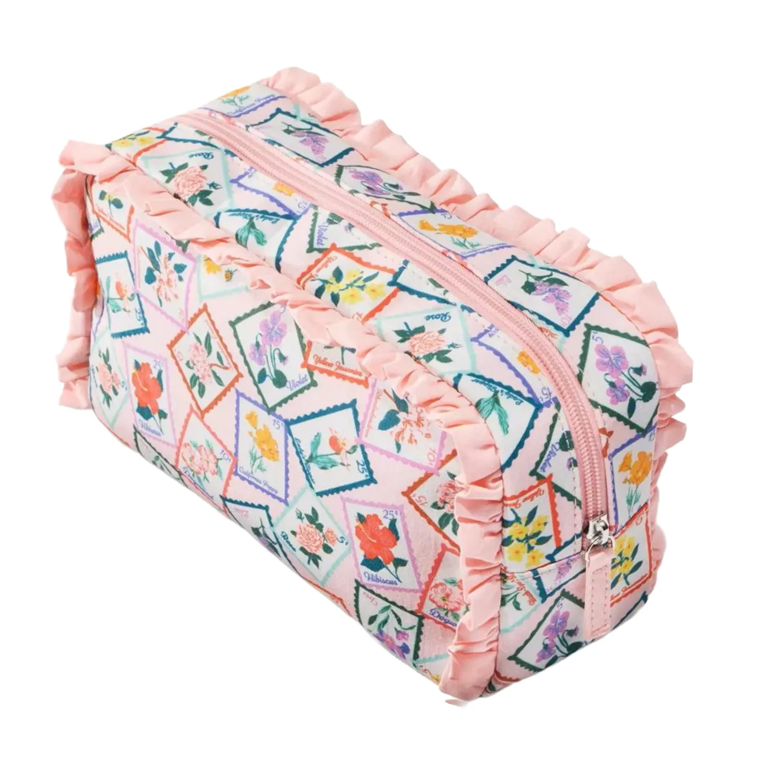 Floral print pouch with a postage stamp design, pink ruffled edges, and a zippered closure.