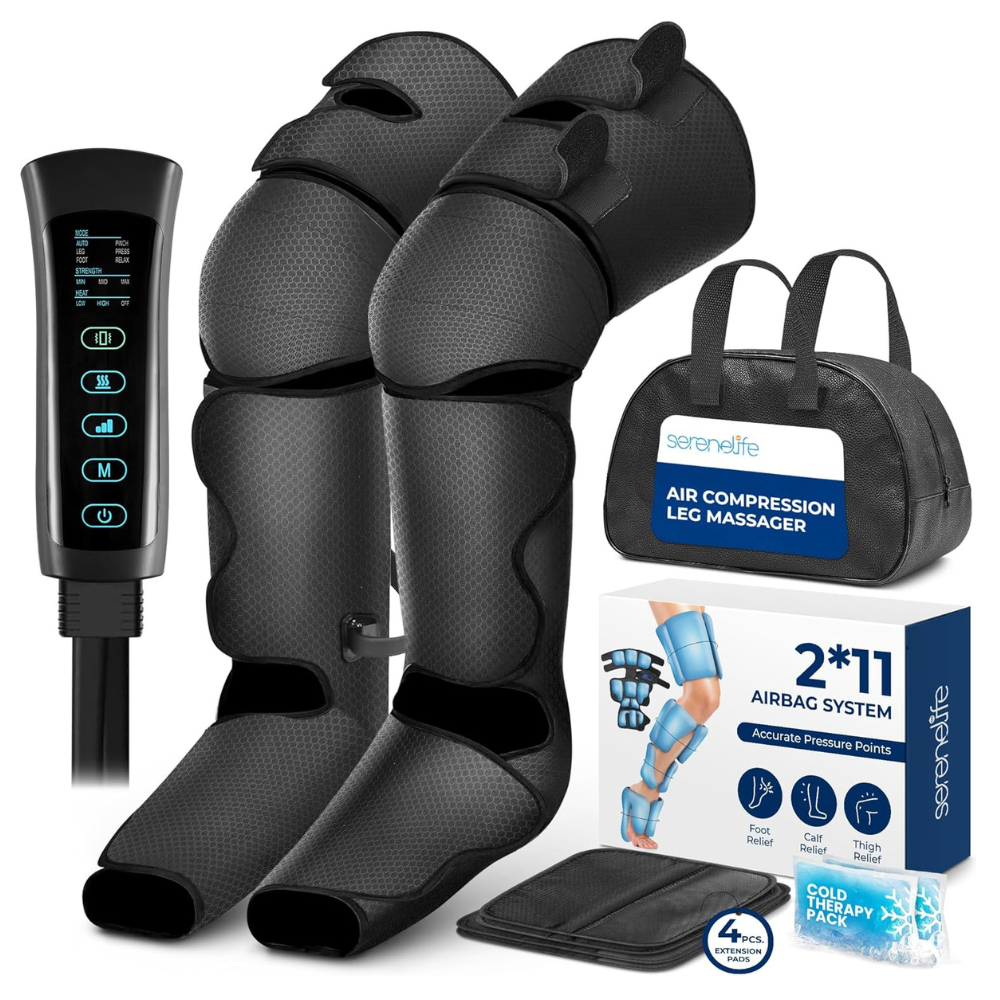 Air compression leg massager with a 2*11 airbag system, remote control, carry bag, extension pads, and cold therapy pack for foot, calf, and thigh relief.