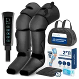 Air compression leg massager with a 2*11 airbag system, remote control, carry bag, extension pads, and cold therapy pack for foot, calf, and thigh relief.
