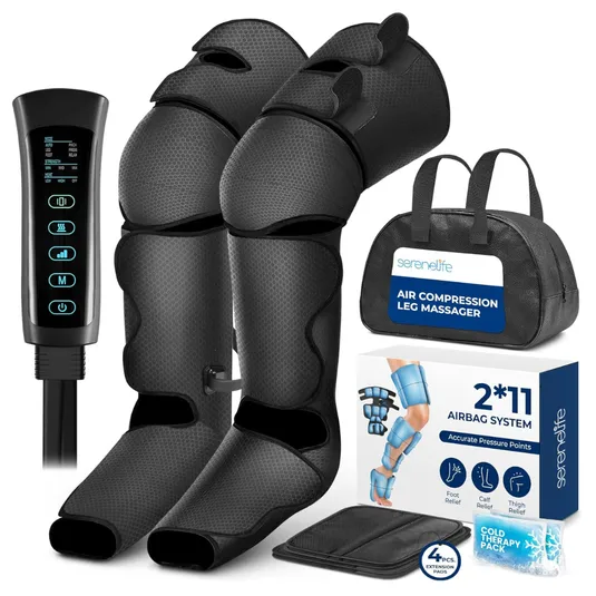 Air compression leg massager with a 2*11 airbag system, remote control, carry bag, extension pads, and cold therapy pack for foot, calf, and thigh relief.