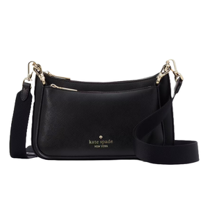Kate Spade Duet Leather Crossbody, black, features a sleek design with gold-tone hardware, detachable strap, two separate zip-top compartments, and the brand logo on the front.