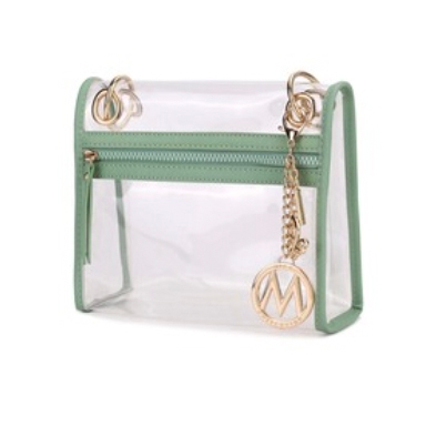 A small transparent handbag with light green trim, featuring a gold zipper and a gold round charm with the letter \“M\“ attached to the handle.