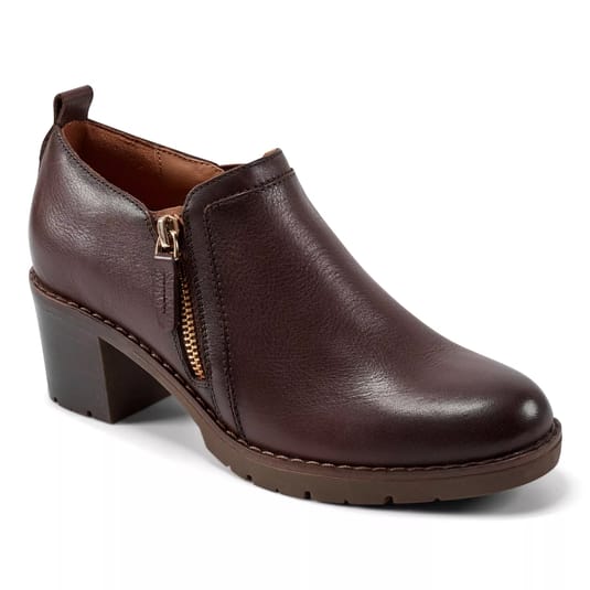 Brown leather ankle boot with a side zipper and a chunky heel.