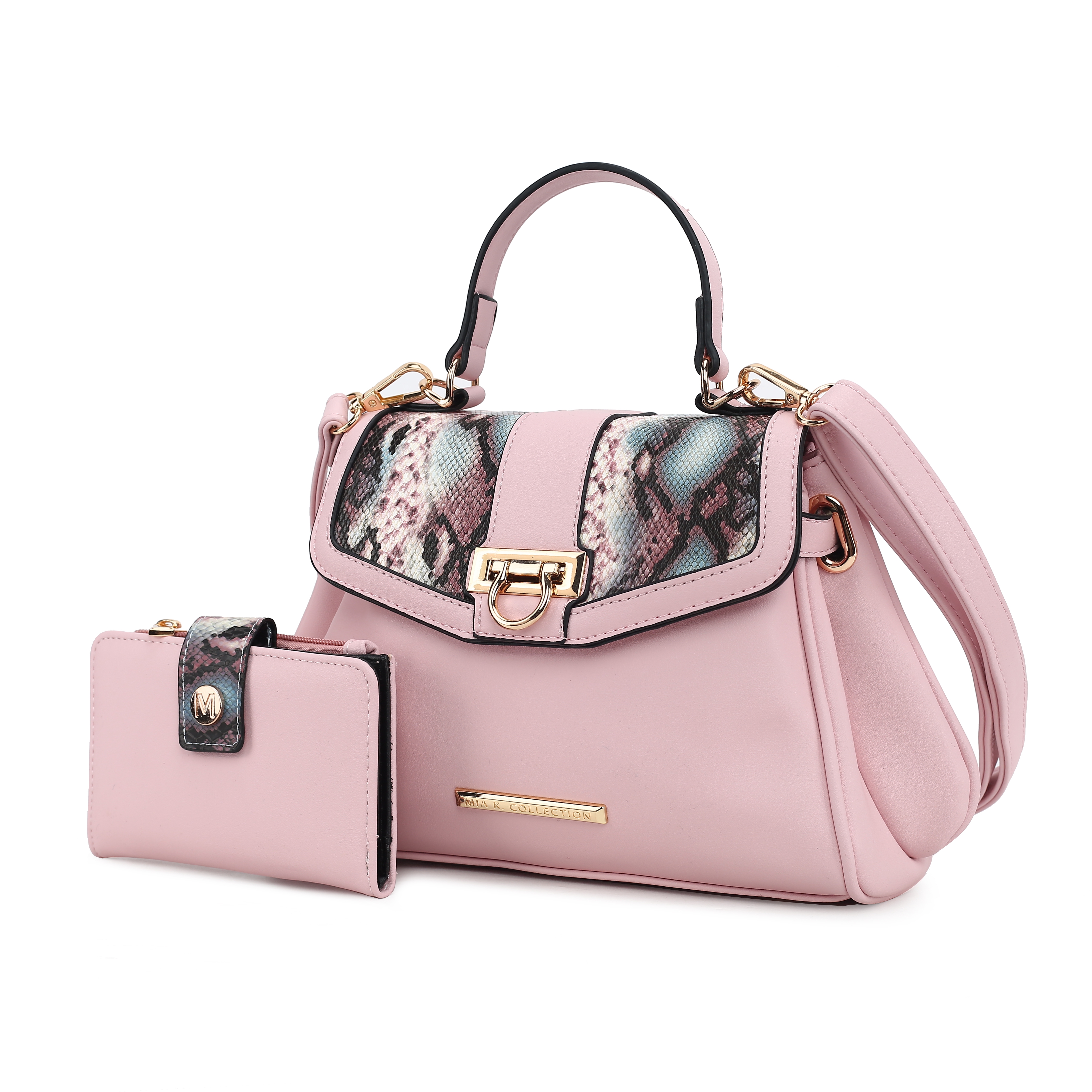 A pink handbag with a snakeskin-patterned flap and gold hardware is paired with a matching pink wallet featuring a similar snakeskin accent.