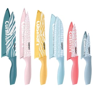 Cuisinart 12pc knife set includes six knives with colorful, patterned blades and matching blade guards. The designs feature zebra, leopard, and geometric patterns in teal, pink, yellow, light blue, coral, and gray hues.