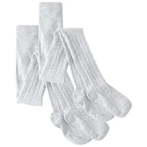Two pairs of light gray knitted tights with ribbed and cable-knit patterns.