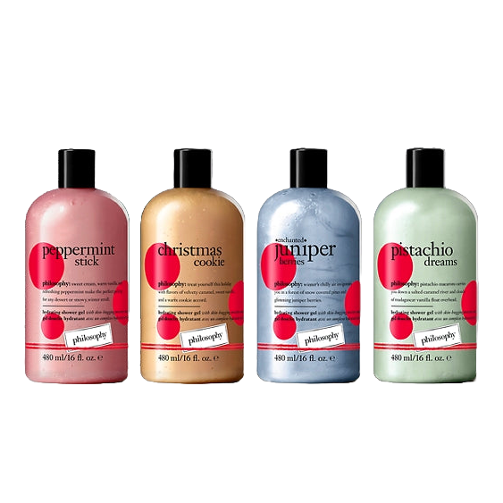 Four Philosophy full-size shower gels: Peppermint Stick (pink), Christmas Cookie (gold), Enchanted Juniper Berries (blue), and Pistachio Dreams (green), each 480 ml/16 fl. oz.