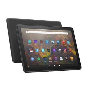 Two Amazon Fire HD 10 Tablets are shown, featuring a 10.1-inch screen with various app icons like Netflix, Facebook, and Hulu on the display. They're in black with a sleek design and a front-facing camera.