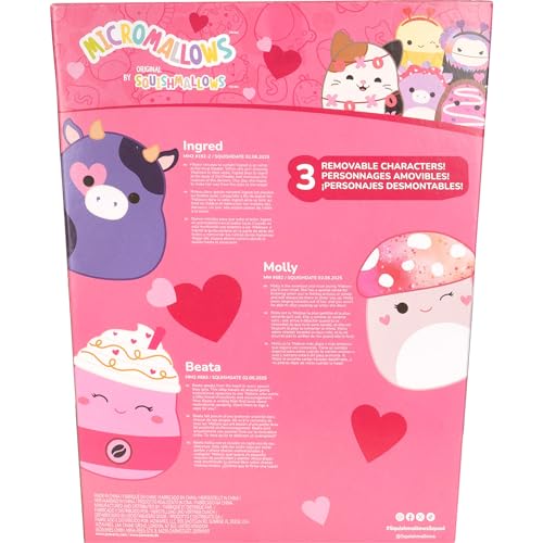 Micromallows by Squishmallows includes three removable characters: Ingred the cow, Molly the mushroom, and Beata the cupcake.