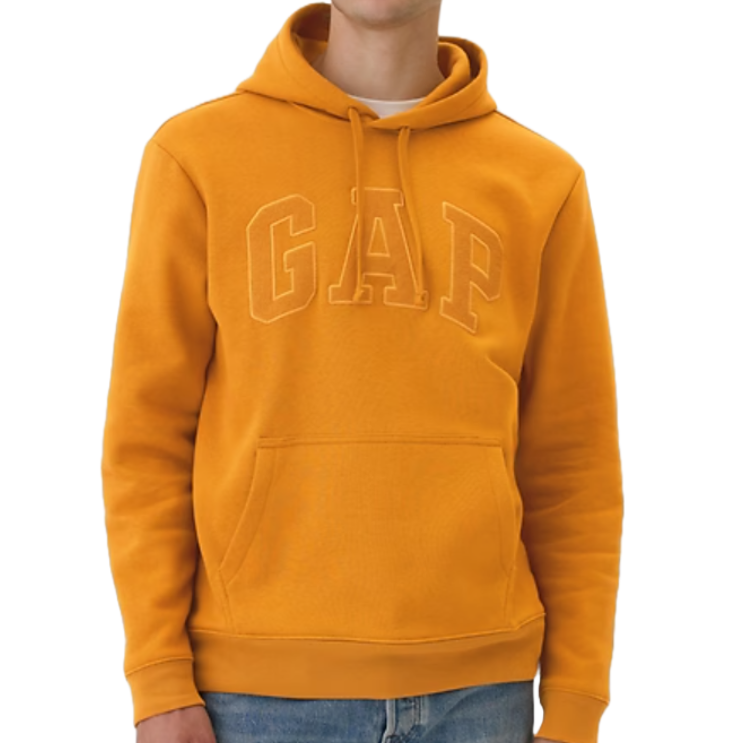 Bright orange Gap hoodie with the embroidered \“GAP\“ logo on the front, featuring a drawstring hood, a front kangaroo pocket, and ribbed cuffs and hem.