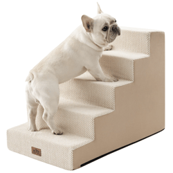 A small dog is using beige pet stairs designed for easy access to higher surfaces. The stairs have a textured surface for better grip.