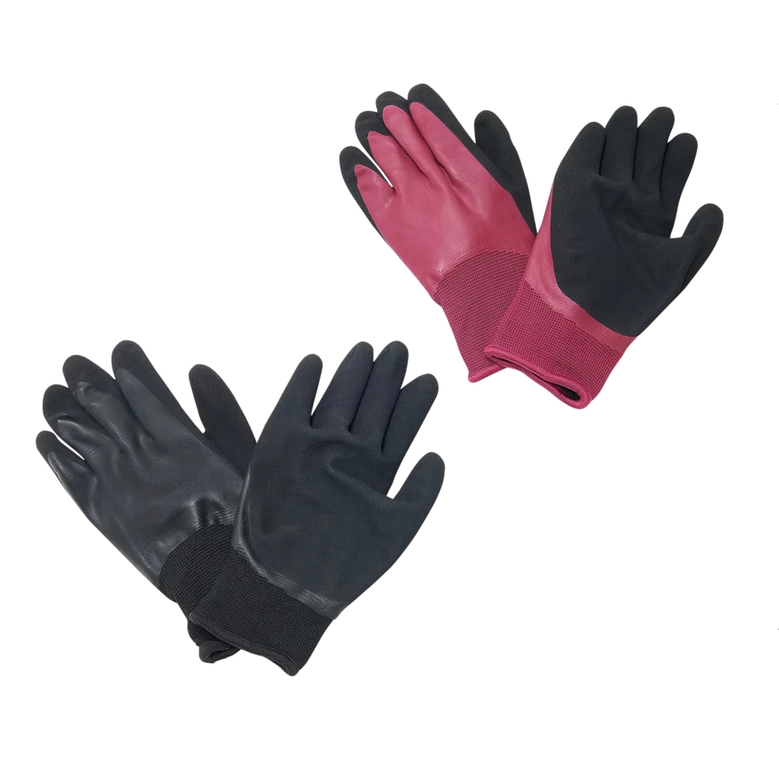 Two pairs of work gloves; one pair is black, and the other is red and black. They have a rubberized texture for grip.