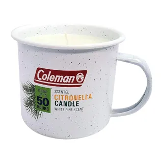 A Coleman citronella candle in a white mug with speckles, labeled to burn up to 50 hours and scented with white pine.