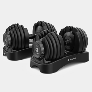 Two adjustable dumbbells with a black design, featuring weight selection dials and resting on a compact stand.