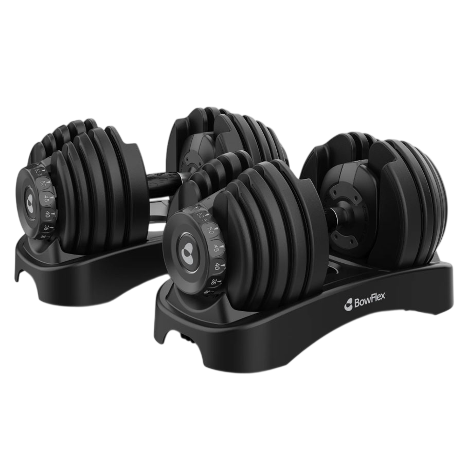 Two adjustable dumbbells with a black design, featuring weight selection dials and resting on a compact stand.