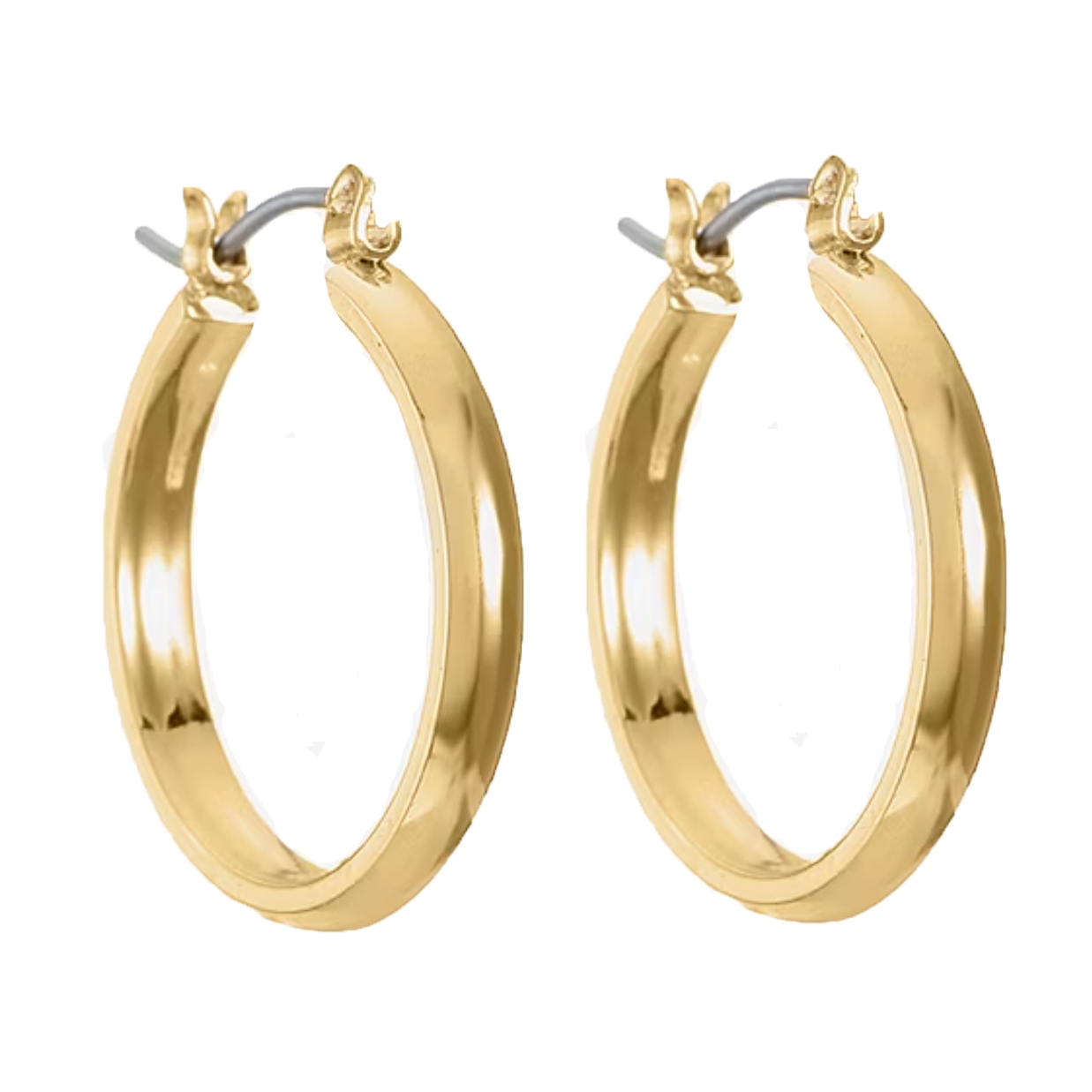 A pair of shiny gold hoop earrings.