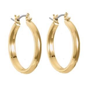 A pair of shiny gold hoop earrings.