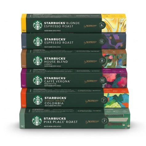 A variety of Starbucks coffee pods compatible with Nespresso machines are shown: Blonde Espresso Roast, Espresso Roast, House Blend Lungo, Caffè Verona, Single-Origin Colombia, and Pike Place Roast.