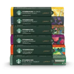 A variety of Starbucks coffee pods compatible with Nespresso machines are shown: Blonde Espresso Roast, Espresso Roast, House Blend Lungo, Caffè Verona, Single-Origin Colombia, and Pike Place Roast.