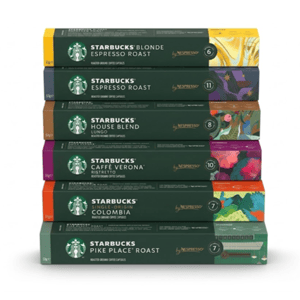 A variety of Starbucks coffee pods compatible with Nespresso machines are shown: Blonde Espresso Roast, Espresso Roast, House Blend Lungo, Caffè Verona, Single-Origin Colombia, and Pike Place Roast.