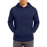 A man is wearing a navy blue, ribbed hooded sweatshirt with a front pouch pocket, paired with gray pants.