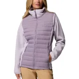 A light purple Columbia jacket with a quilted front and fleece sleeves, featuring a high collar and side pockets.