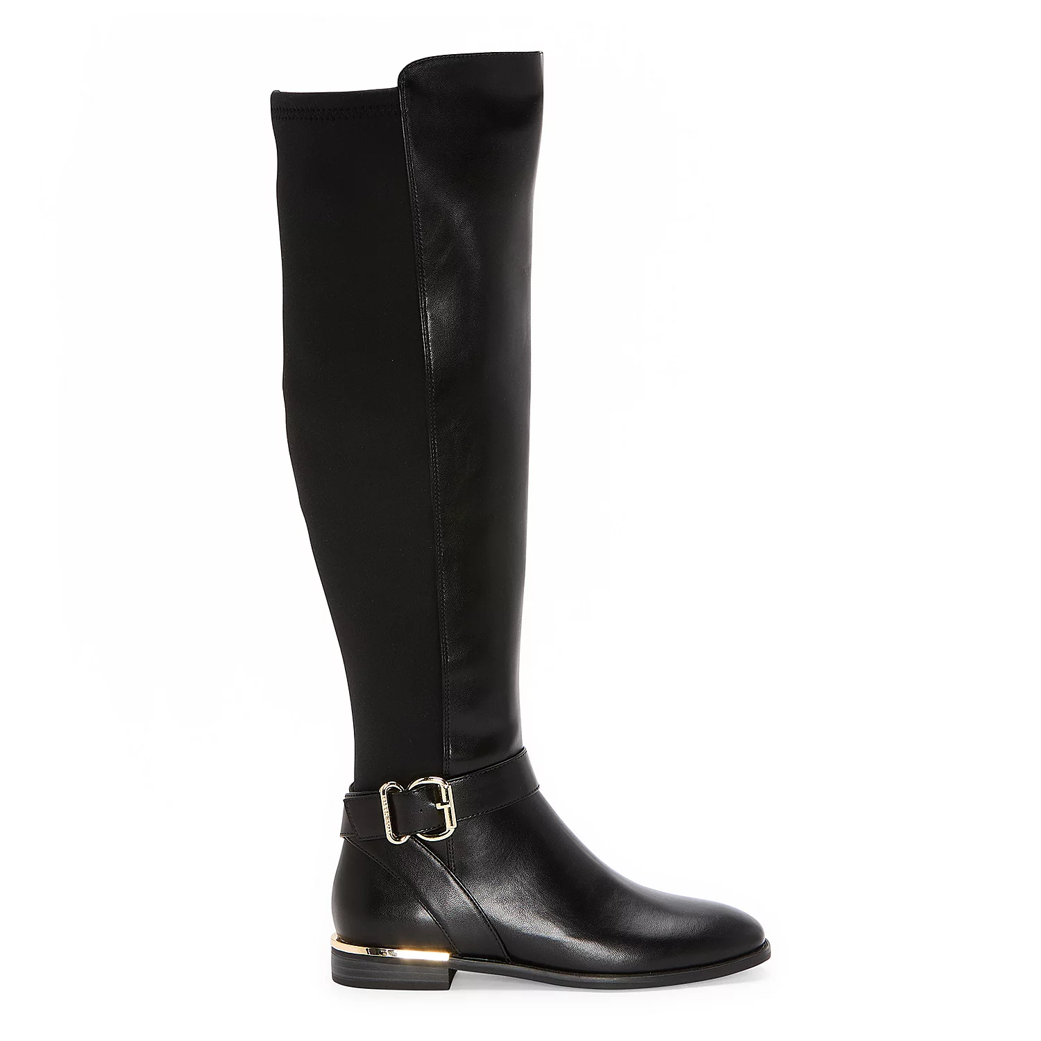 Black over-the-knee boots with a stretch back panel, featuring a gold-toned metal accent on the heel and a decorative buckle.