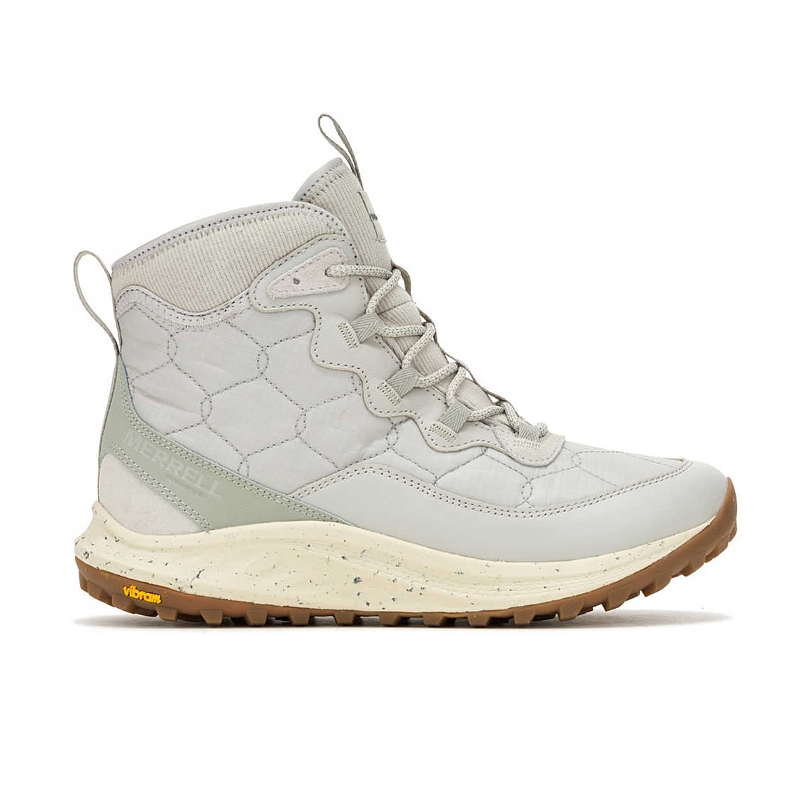 The Merrell Antora 3 Thermo Boots are light gray, high-top hiking boots featuring quilted uppers, lace-up closure, speckled cream midsoles, and Vibram soles for traction. They are designed for cold weather and outdoor activities.