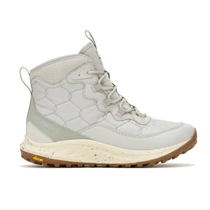 The Merrell Antora 3 Thermo Boots are light gray, high-top hiking boots featuring quilted uppers, lace-up closure, speckled cream midsoles, and Vibram soles for traction. They are designed for cold weather and outdoor activities.