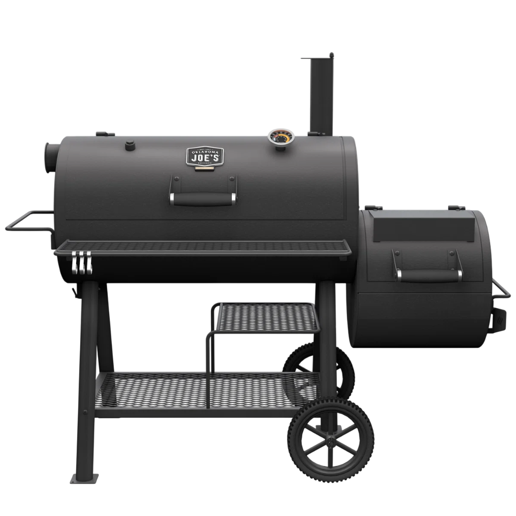 A black offset smoker with a main cooking chamber, side firebox, built-in thermometer, and a lower storage rack. It has wheels for easy mobility.
