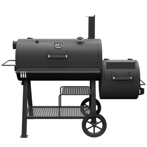 A black offset smoker with a main cooking chamber, side firebox, built-in thermometer, and a lower storage rack. It has wheels for easy mobility.
