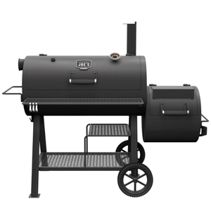 A black offset smoker with a main cooking chamber, side firebox, built-in thermometer, and a lower storage rack. It has wheels for easy mobility.