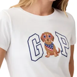 White T-shirt featuring \“GOP\“ text with a cartoon dog in star-shaped sunglasses and an American flag bandana between the letters.