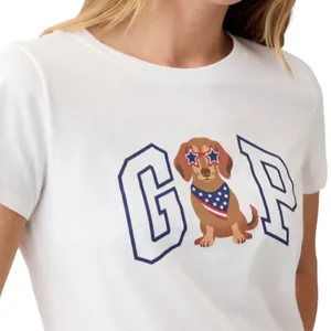 White T-shirt featuring \“GOP\“ text with a cartoon dog in star-shaped sunglasses and an American flag bandana between the letters.