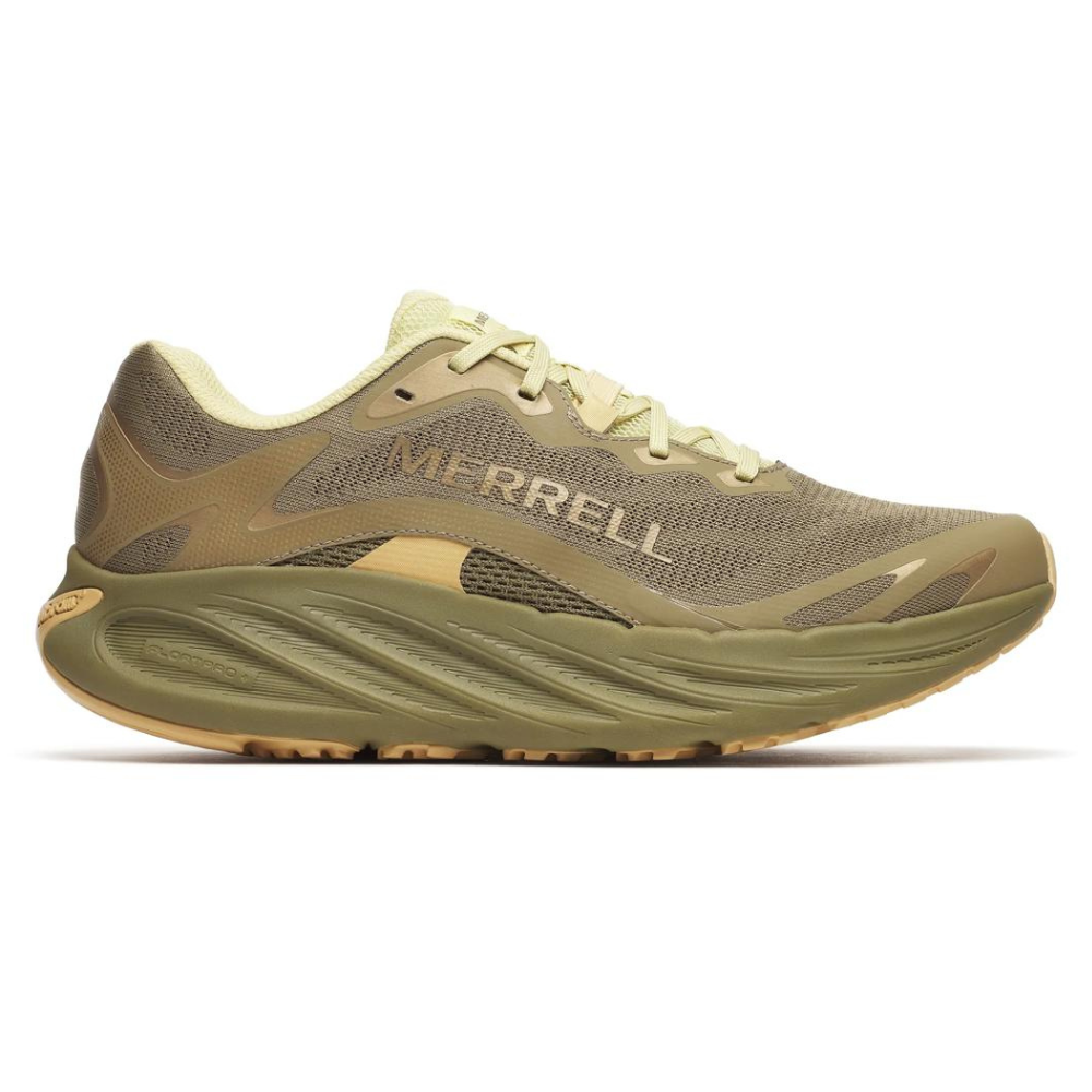 Merrell athletic shoe in olive green with a breathable mesh upper, cushioned midsole, and durable outsole designed for comfort and performance.