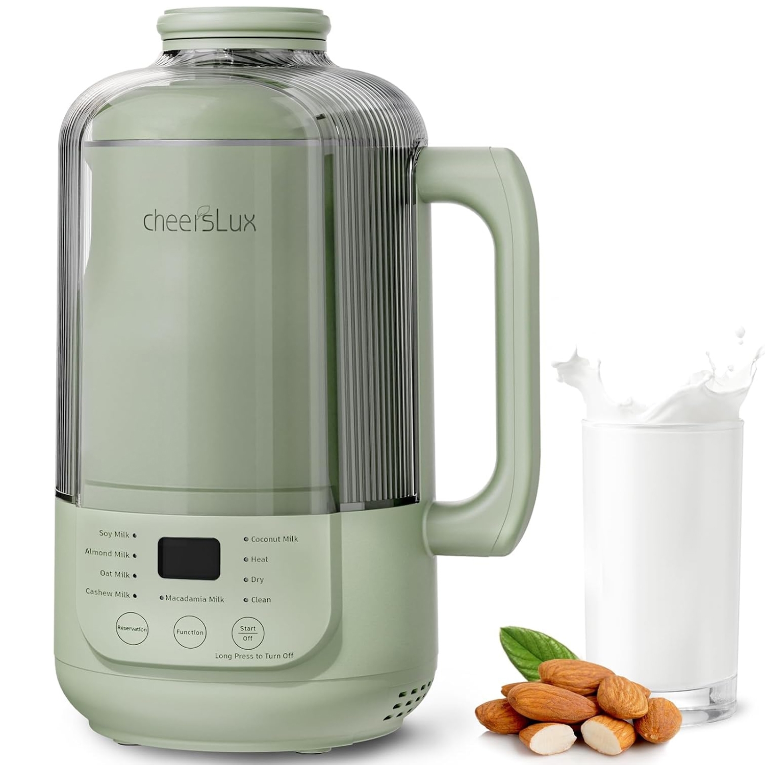 A green nut milk maker with buttons for soy, almond, oat, cashew, macadamia, and coconut milk, along with options for heat, dry, and clean functions. A glass of milk and almonds are shown beside it.