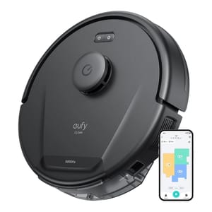 Eufy robot vacuum with 5000Pa suction power, featuring a round design and control via a smartphone app that shows a mapped floor plan for customized cleaning.
