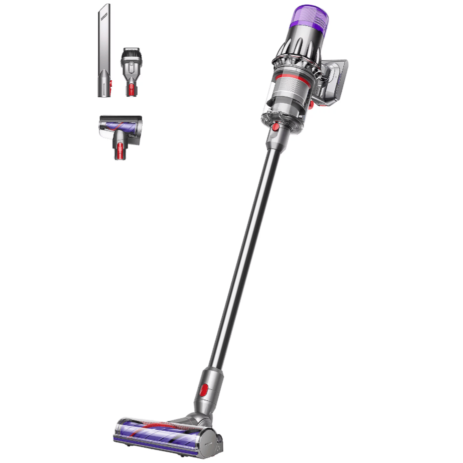 Cordless stick vacuum cleaner with three interchangeable attachments: a crevice tool, a combination tool, and a motorized cleaner head.