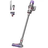 Cordless stick vacuum cleaner with three interchangeable attachments: a crevice tool, a combination tool, and a motorized cleaner head.