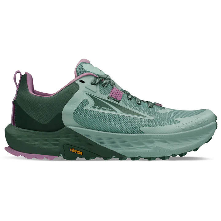 A green and pink Altra trail running shoe with a Vibram sole designed for improved traction and durability.