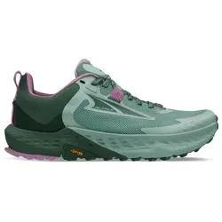 A green and pink Altra trail running shoe with a Vibram sole designed for improved traction and durability.