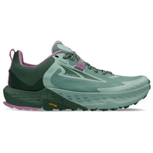 A green and pink Altra trail running shoe with a Vibram sole designed for improved traction and durability.